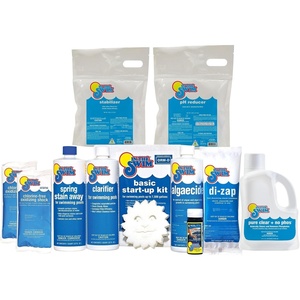 image:imageIn The Swim Saltwater Pool Opening Chemical Kit  StartUp Treatment for Salt Pools Up to 7500 Gallons  Shock Algaecide Clarifier Stain Preventer amp Oil AbsorberSalt Complete
