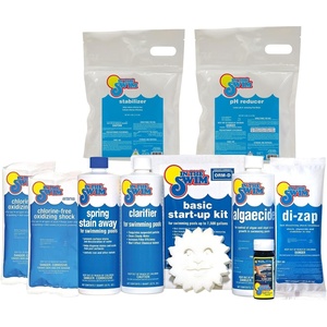 image:imageIn The Swim Saltwater Pool Opening Chemical Kit  StartUp Treatment for Salt Pools Up to 7500 Gallons  Shock Algaecide Clarifier Stain Preventer amp Oil AbsorberSalt Cell Saver