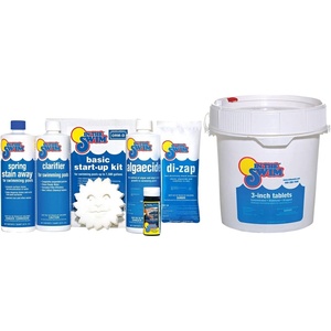 image:imageIn The Swim Pool Opening Chemical Start Up Kit for up to 15000 Gallons  Deluxe Spring Kit for Above Ground and InGround Swimming Pools  DiZap Shock Algaecide Clarifier and Stain AwayKit  Chlorine